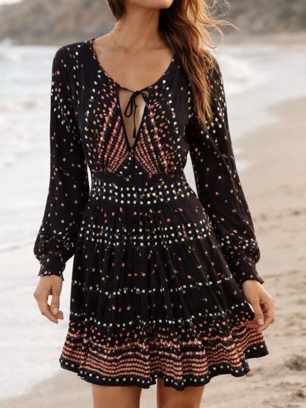 Free People Black Cutout Boho Mini Dress Long Sleeve Size 0